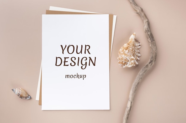 PSD minimal paper card mockup on beige background with branches and seashell