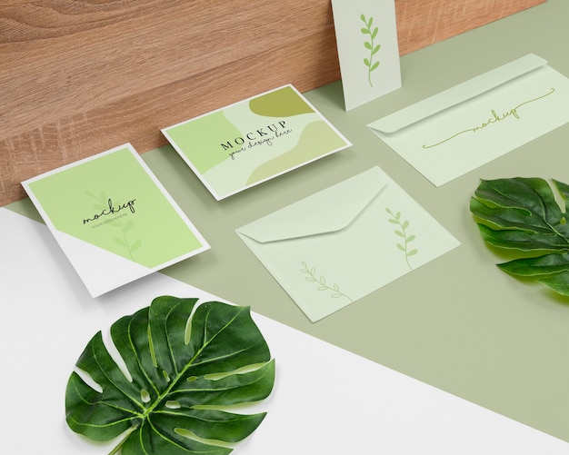 PSD minimal stationery arrangement with leaves