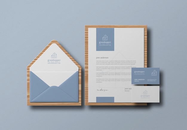 PSD minimal stationery with wood mockup