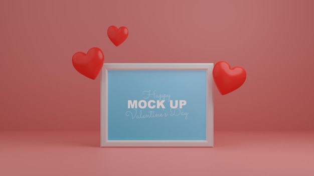 Minimal valentine scene with frame mockup and 3d realistic hearts