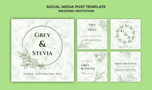 Minimal wedding invitation template for social media post with line art floral ornament