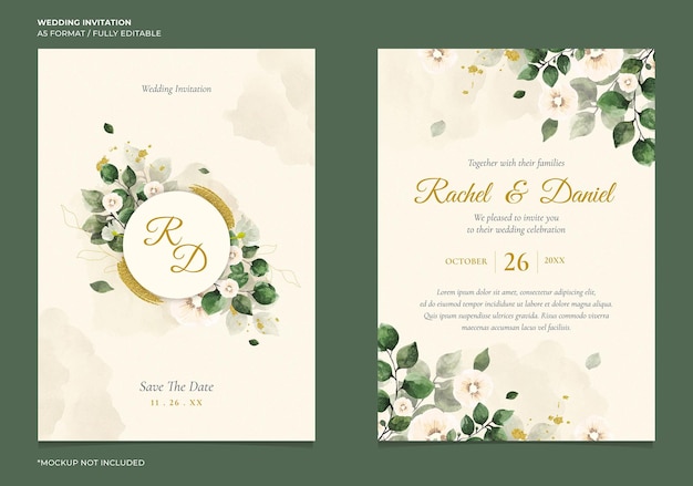 Minimal wedding invitation with floral water color