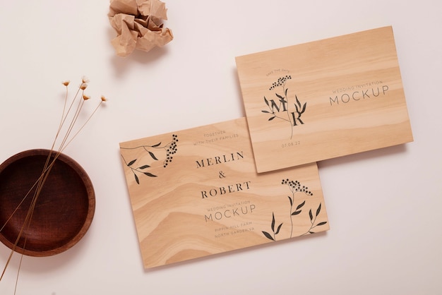 PSD minimal wooden wedding invitation mock-up