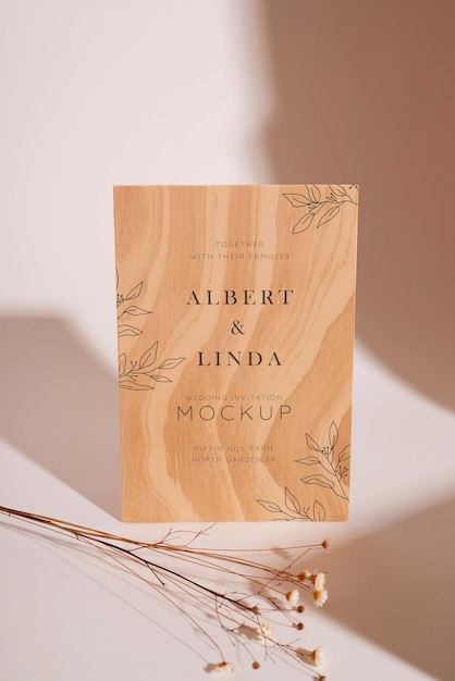 PSD minimal wooden wedding invitation mock-up