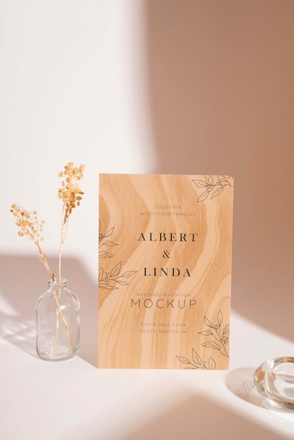 PSD minimal wooden wedding invitation mock-up