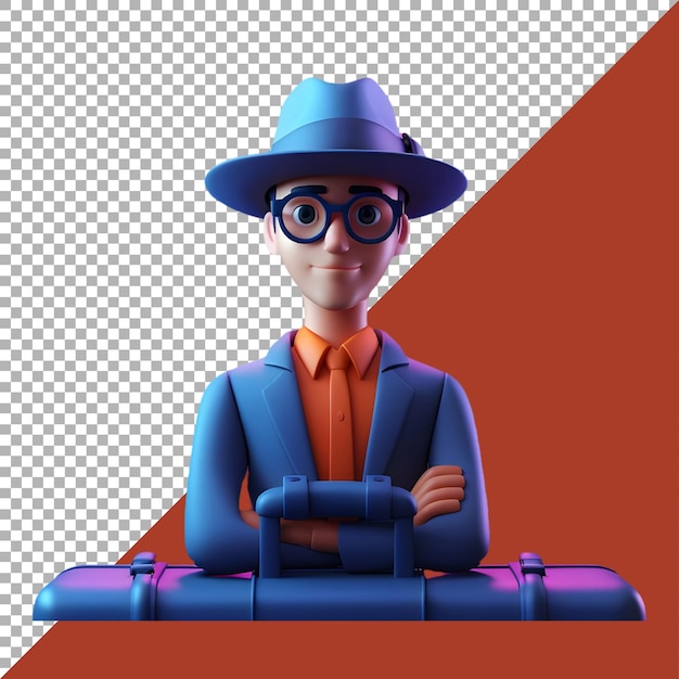 Minimal young man with hat and glasses with briefcase transparent background ai generated