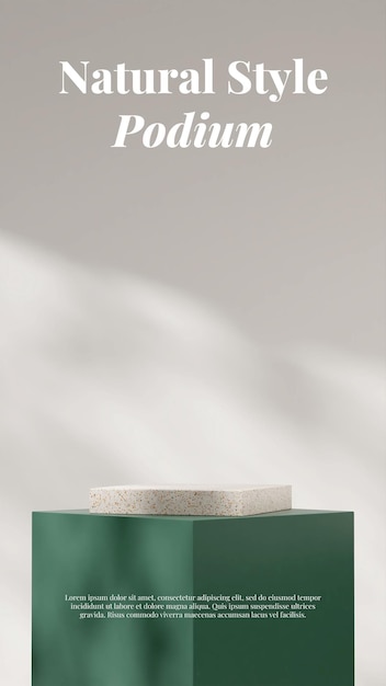 Minimale 3d-renderingsjabloon van terrazzo en groen podium in portret met witte achtergrond