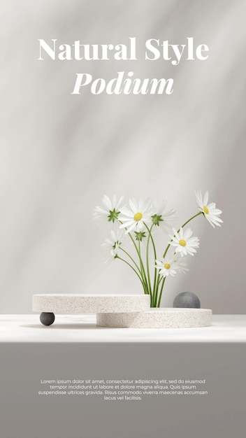 Minimale lege ruimte 3d rendering mockup podium in portret met getextureerde bol en madeliefjebloemen