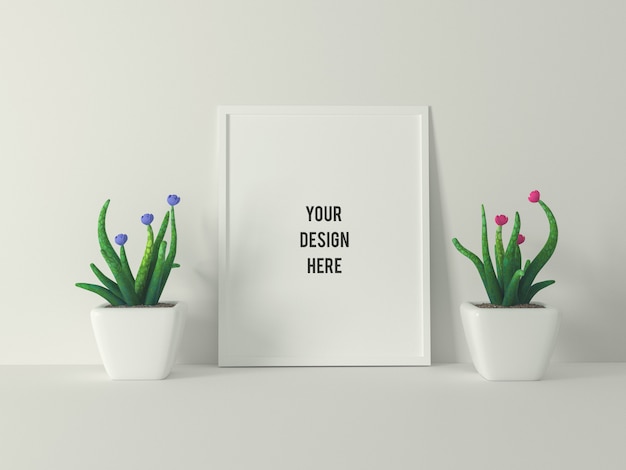 Minimale mockup met wit frame en planten