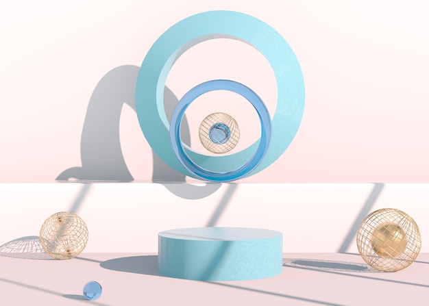 Minimale scène met geometrische vormen, podia in crème achtergrond met schaduwen. Scène om cosmetisch product, vitrine, etalage, vitrine te tonen. 3d