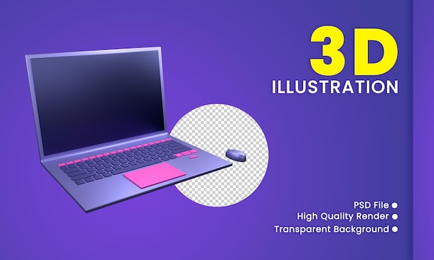 PSD illustrazione 3d minimalista di un laptop e un mouse nei toni del viola e del rosa vista anteriore destra