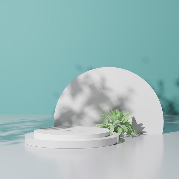 Rendering 3d minimalista podio bianco con pianta e ombra su sfondo blu