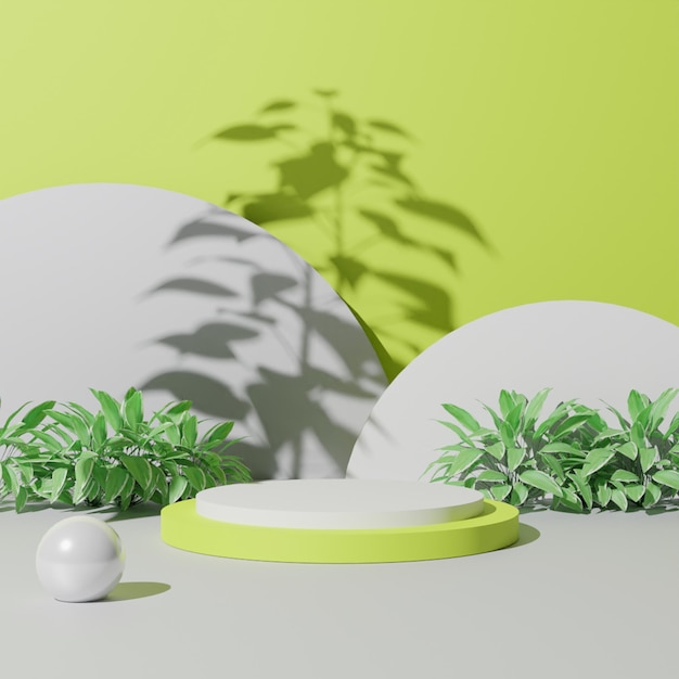 Minimalist 3D render white podium with plant and shadow on green background