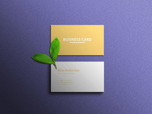 Minimalist business card mockup on blue background with embossed and debossed effect