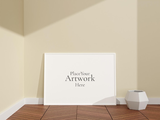 PSD minimalist and clean horizontal white poster or photo frame mockup in a room wooden floor