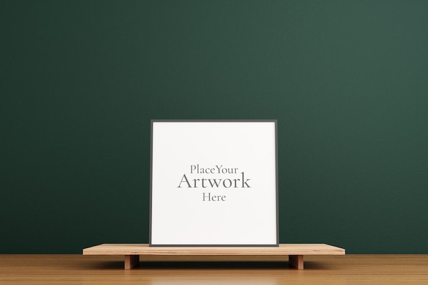 Minimalist and clean square black poster or photo frame mockup on the wooden table in living room