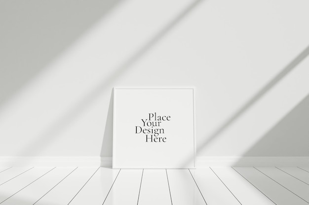 PSD minimalist and clean square white poster or photo frame mockup on the floor leaning against the room wall with shadow