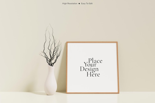 Minimalist and clean square wooden poster or photo frame mockup on the floor leaning against the room wall with vase