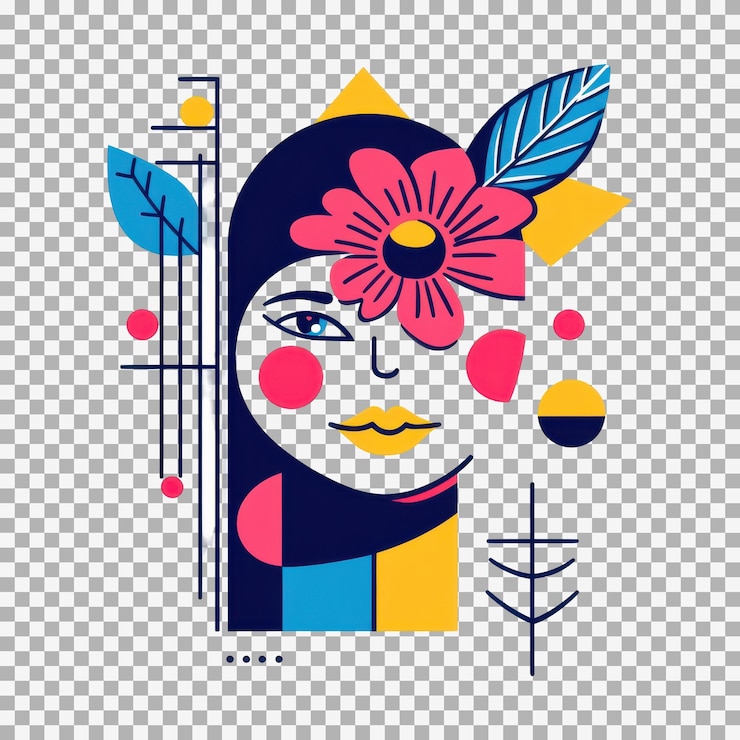 PSD minimalist colorful geometric shapes line drawing woman face with vibrant flower for womens day greeting card or logotype flat illustration on transparent background