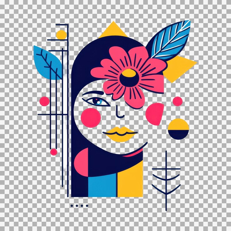 PSD minimalist colorful geometric shapes line drawing woman face with vibrant flower for womens day greeting card or logotype flat illustration on transparent background