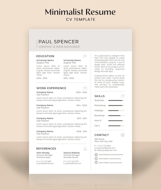 Minimalist CV Template or Clean Resume Design Template