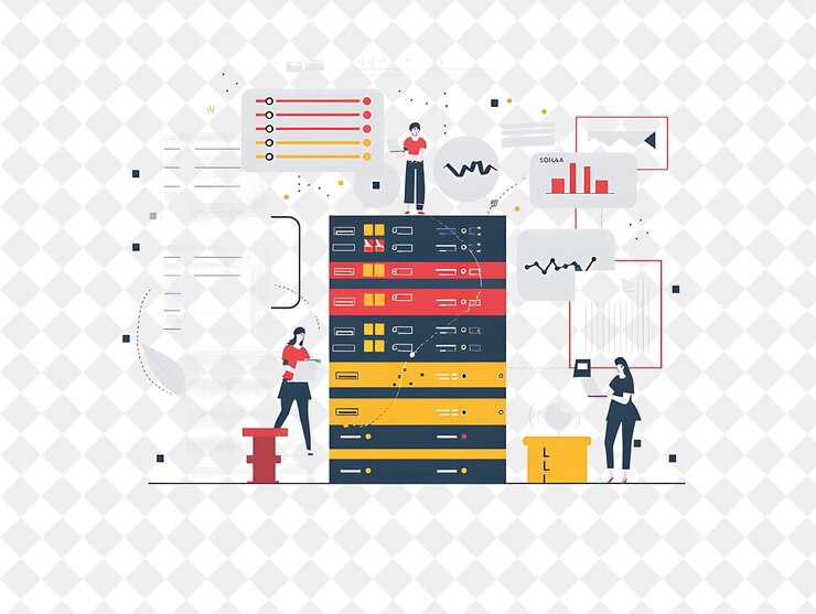 PSD minimalist database administrator with characters managing a png people in daily work illustration