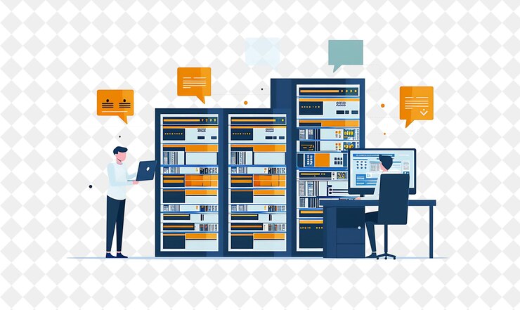 PSD minimalist database administrator with characters managing a png people in daily work illustration