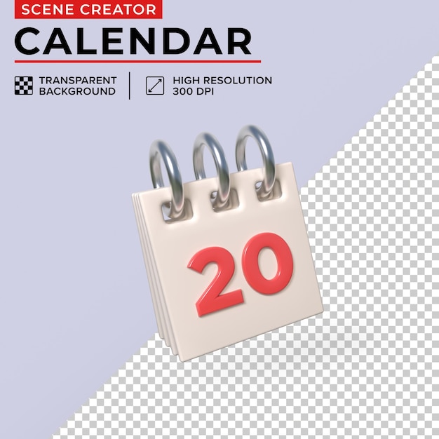 Calendario da tavolo minimalista con giorno 20 per un facile ritaglio di rendering 3d