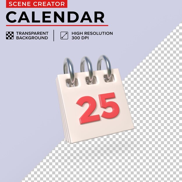 Calendario da tavolo minimalista con giorno 25 per un facile ritaglio di rendering 3D