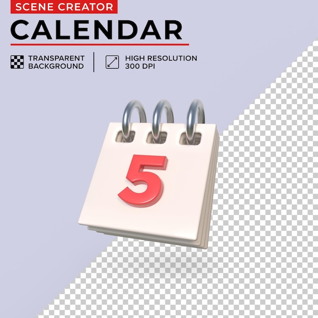 Minimalist desk calendar with day 5 for easy clipping 3D Render