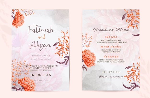 シンプルな花の結婚式の招待状と美しいオレンジと紫の花で日付を保存します
