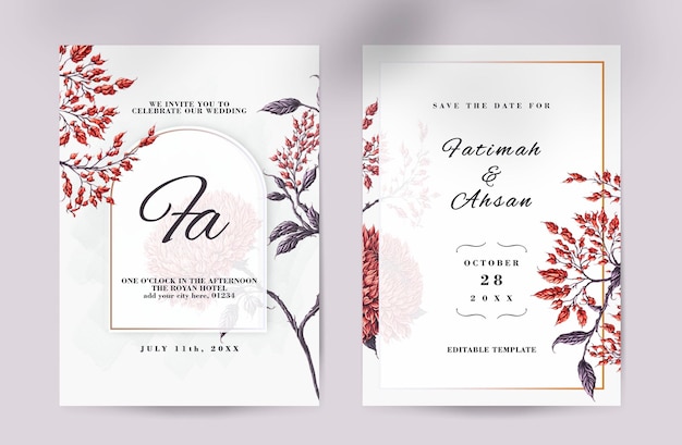 PSD シンプルな花の結婚式の招待状と美しい水彩のヴィンテージの花で日付を保存します