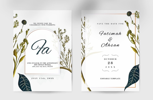 minimalist floral wedding invitation and save the date with beautiful watercolor vintage flowers