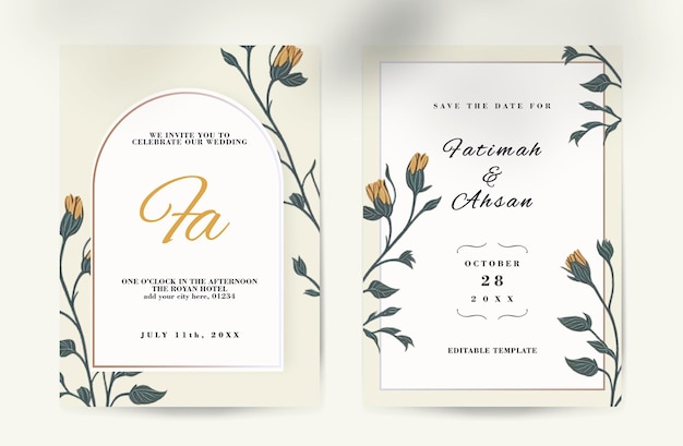 minimalist floral wedding invitation and save the date with beautiful watercolor vintage flowers