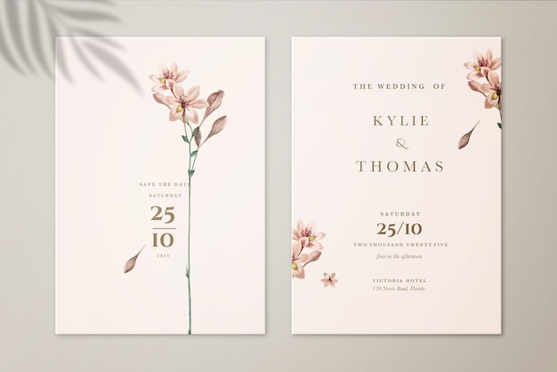 minimalist floral wedding invitation and save the date with orange flower