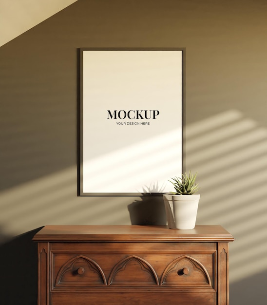 PSD minimalist frame mockup at the attic with dark wall background