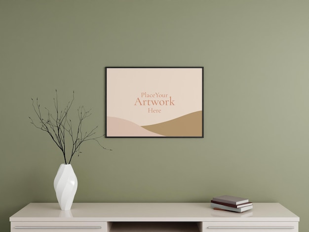 Minimalist horizontal black poster or photo frame mockup on the wall with book and decoration