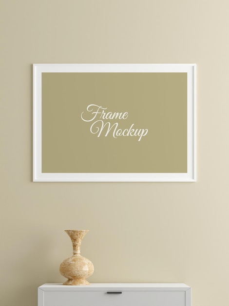 PSD minimalist horizontal white poster or photo frame mockup on the wall in the living room with desk