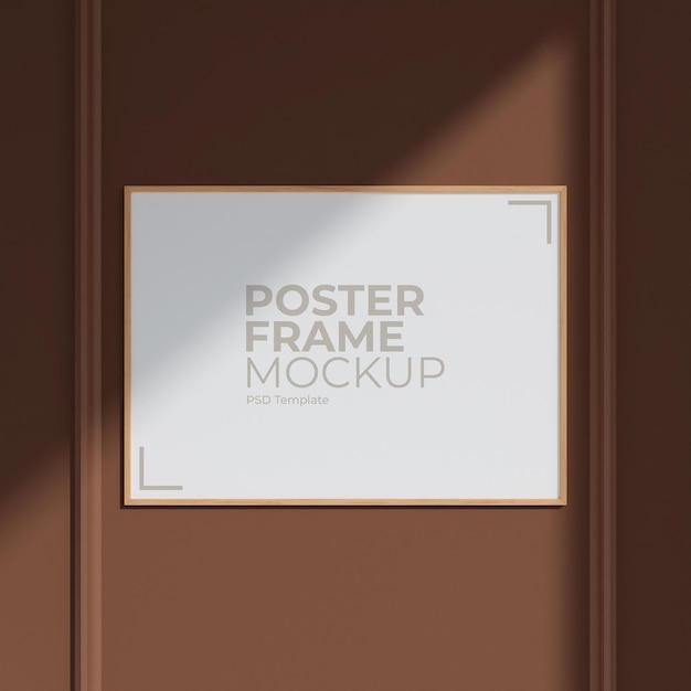 Poster orizzontale minimalista in legno o cornice per foto in un elegante design degli interni della parete del soggiorno con decorazione e rendering 3d delle ombre