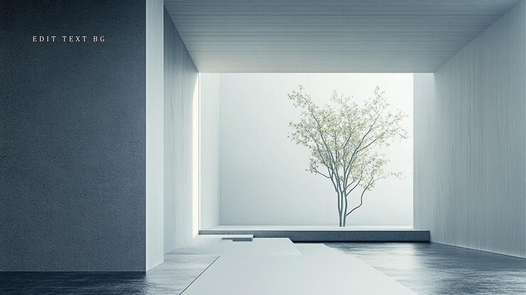 PSD minimalist interior design with a single tree in a lightfilled courtyard