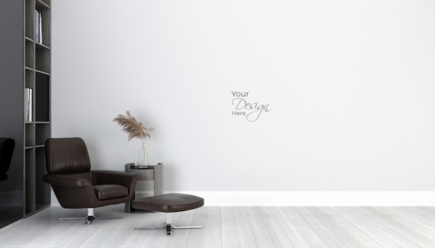 Interni minimalisti del soggiorno con poltrona e fiori sul muro bianco