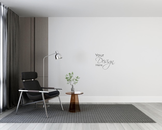 Minimalist interior of living room with design armchair on white wall