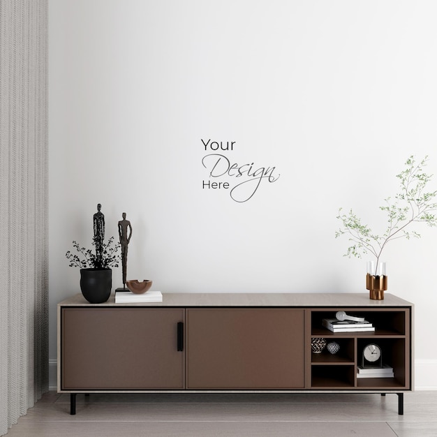 Interni minimalisti del soggiorno con credenza sul muro bianco