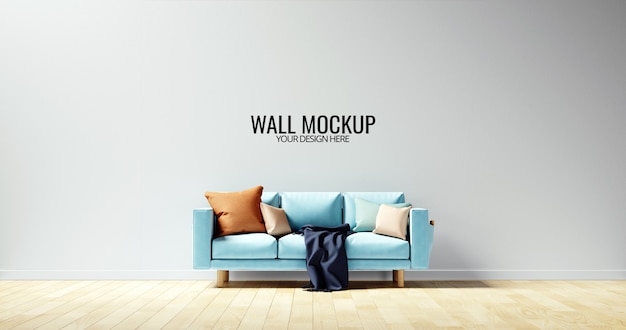 Minimalist interior wall  mockup with blue sofa