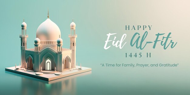 Minimalista islamico felice eid alfitr banner di saluto con moschea 3d sullo sfondo verde