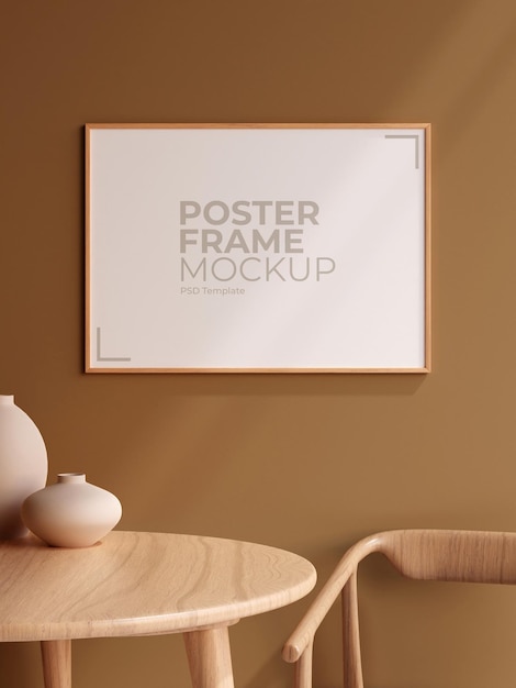 Poster in legno con paesaggio minimalista o cornice per foto nel design degli interni della parete del soggiorno moderno con rendering 3d di vaso e ombra