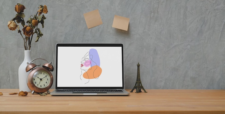 PSD minimalist laptop psd mockup on wooden desk with line art