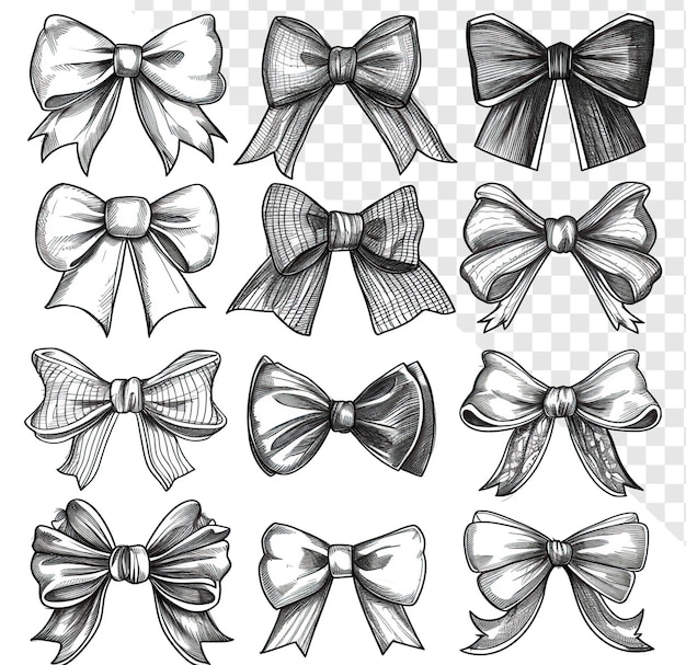 Minimalist line drawing bows and ribbons set bold black and white transparent background