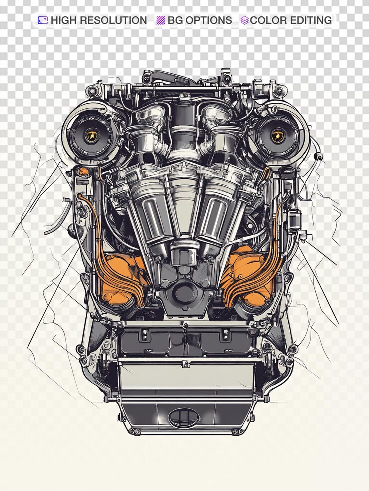 PSD minimalist line sketch of lamborghini v12 engine