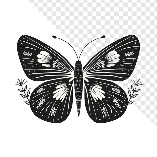 PSD minimalist monochrome folk butterfly illustration on transparent background